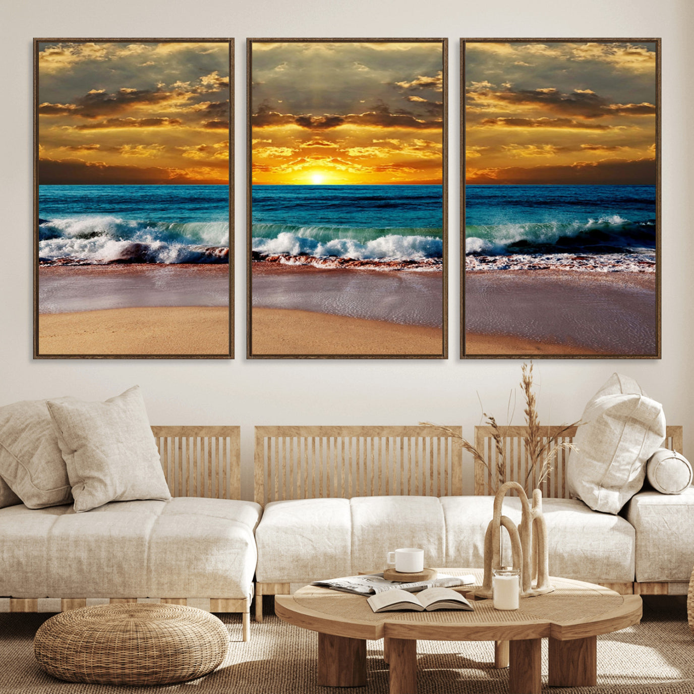 83389-MGV-FC-60X30-3P_Walnut-Ocean Sunrise Over Golden Beach Waves, Giclee Canvas Wall Art Set, High-Quality Stretched Canvas
