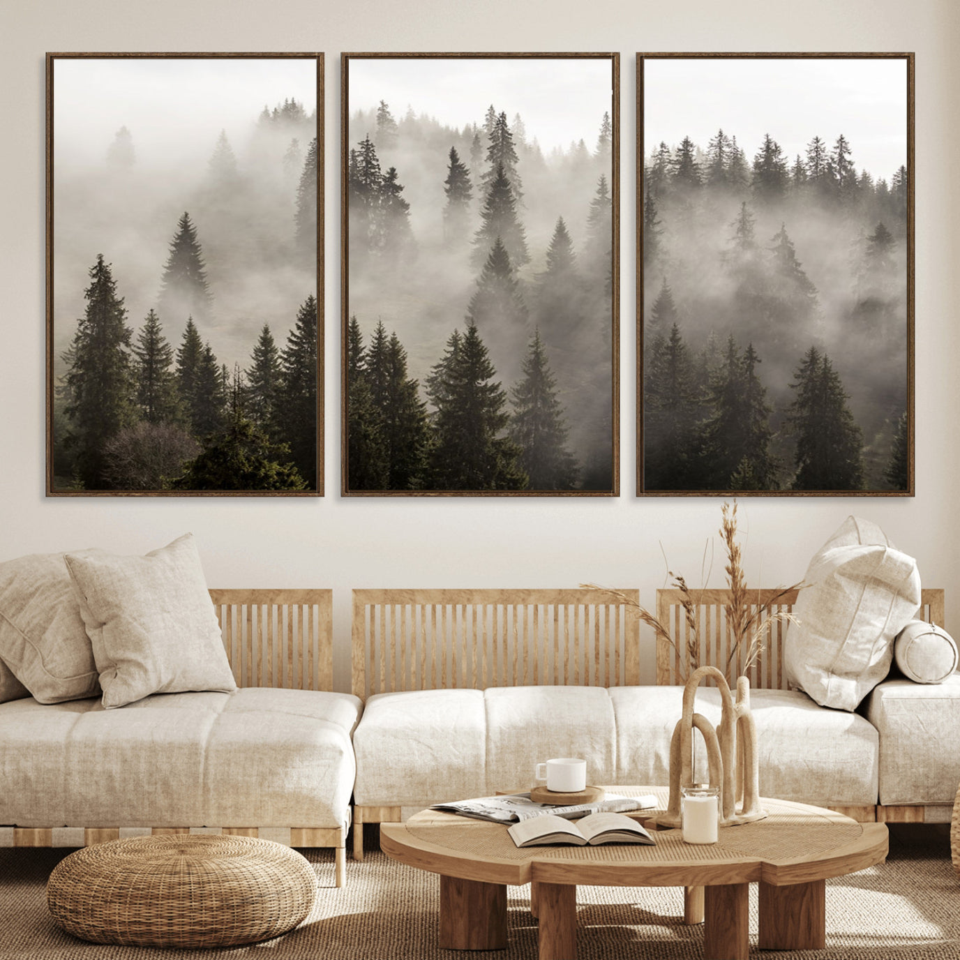 62862-MGV-FC-60X30-3P_Walnut-Foggy Mountain Wall Art | 3-Panel Foggy Forest and Mountain Landscape | Large Giclee Print for