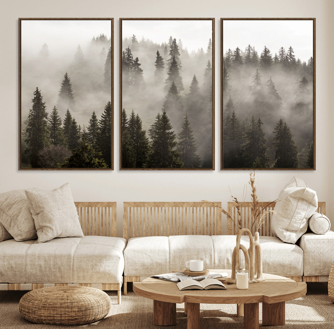 62862-MGV-FC-60X30-3P_Walnut-Foggy Mountain Wall Art | 3-Panel Foggy Forest and Mountain Landscape | Large Giclee Print for