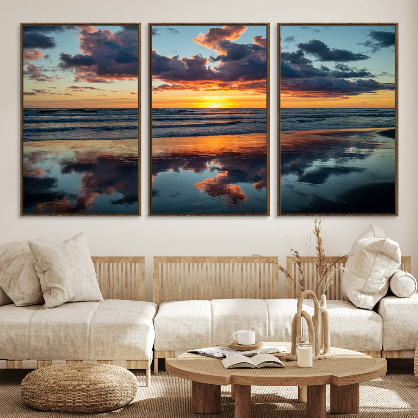 44145-MGV-FC-60X30-3P_Walnut-Beach Sunset Print - Stunning Ocean Canvas Artwork with Sunset Reflection Design for Elegant Home or