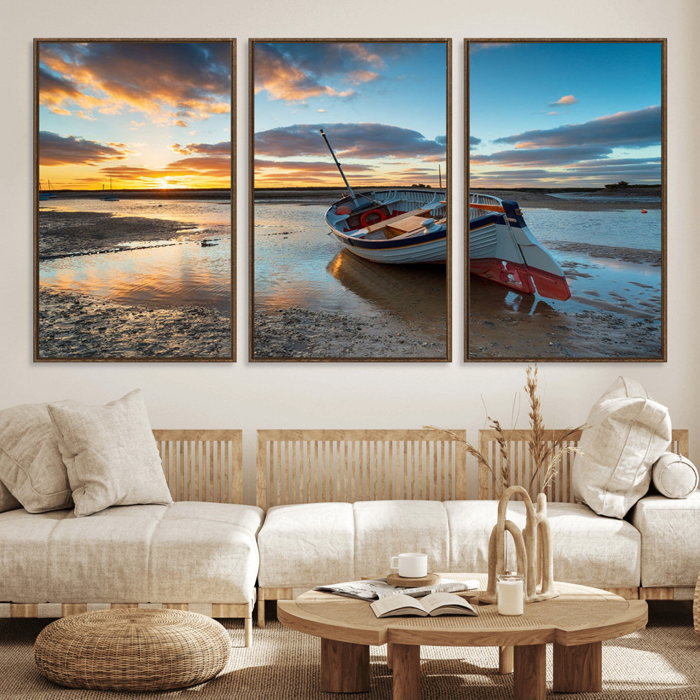 32750-MGV-FC-60X30-3P_Walnut-Small Boat At The Beach Sunset Wall Art, Boat Sunset Wall Art Canvas Print