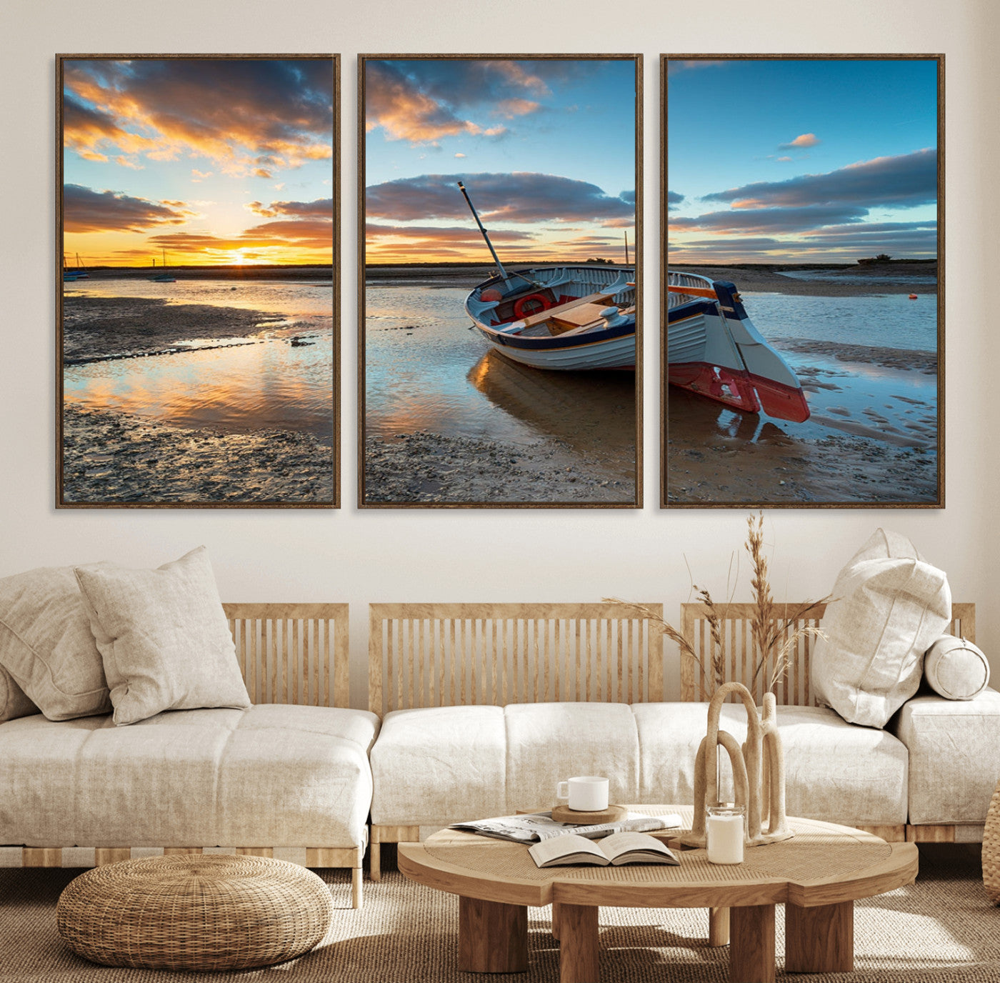 32750-MGV-FC-60X30-3P_Walnut-Small Boat At The Beach Sunset Wall Art, Boat Sunset Wall Art Canvas Print