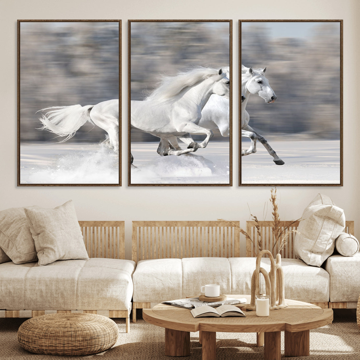 30973-MGV-FC-60X30-3P_Walnut-The White Horses Wall Art, Framed White Horses Wall Art Canvas Print