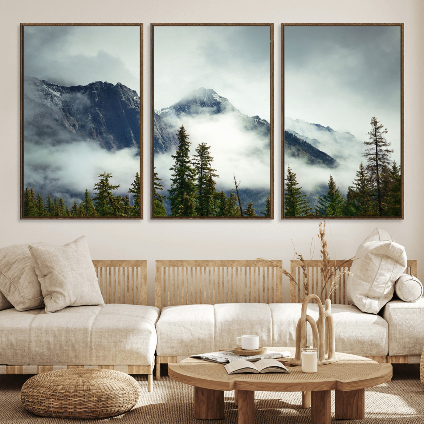 93219-MGV-FC-60X30-3P_Walnut-Mountain Mist Canvas Wall Art Print | 3-Panel Foggy Forest and Mountain Landscape | Large Giclee