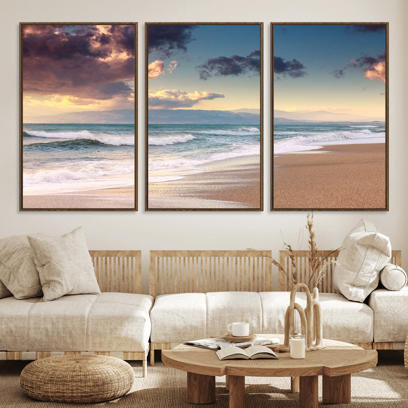42253-MGV-FC-60X30-3P_Walnut-Cloudy Weather Beach Sunset Canvas Print | Sunrise Wall Art Canvas Print