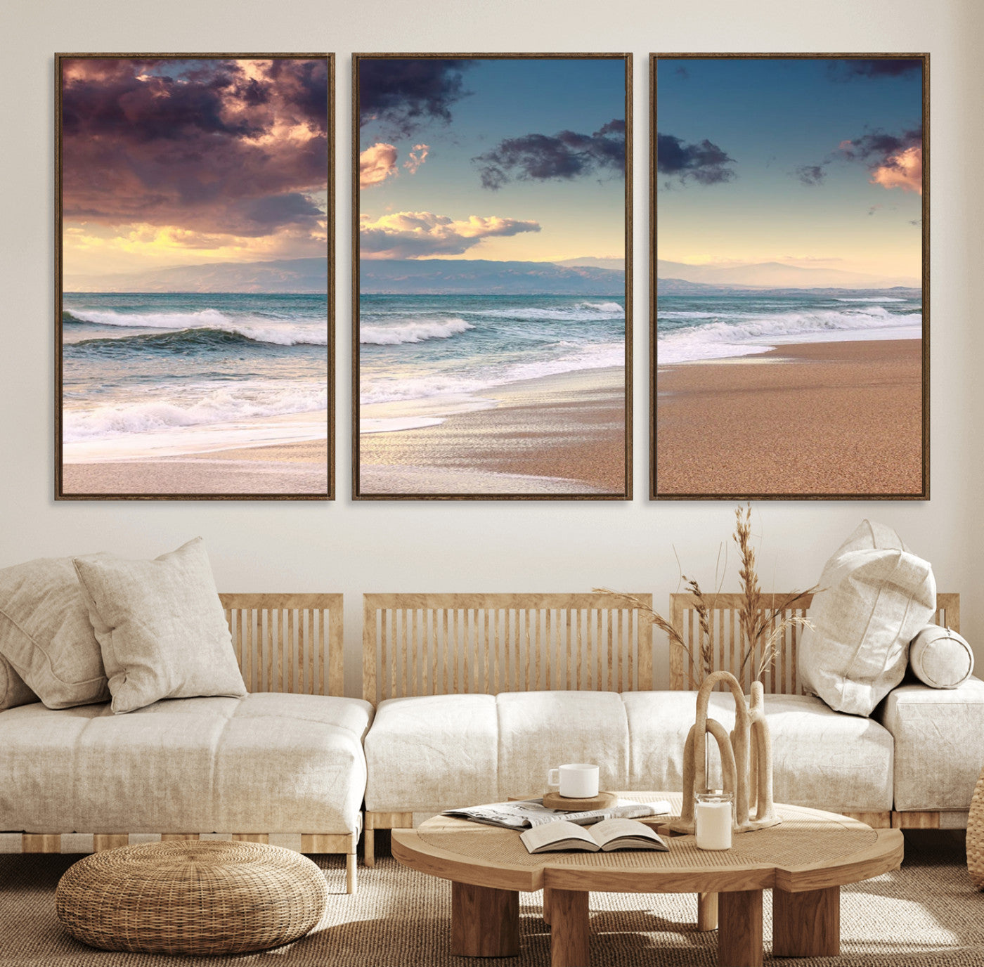42253-MGV-FC-60X30-3P_Walnut-Cloudy Weather Beach Sunset Canvas Print | Sunrise Wall Art Canvas Print