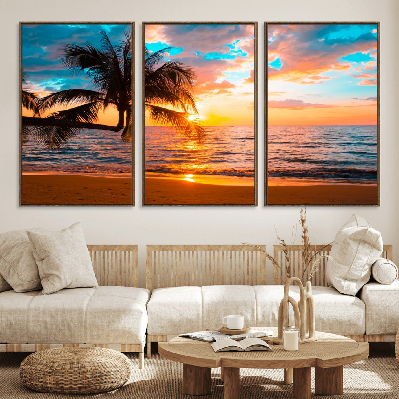 34674-MGV-FC-60X30-3P_Walnut-Palm Tree Sunset On The Beach Wall Art Canvas, Framed Palm Tree Sunset Canvas Print