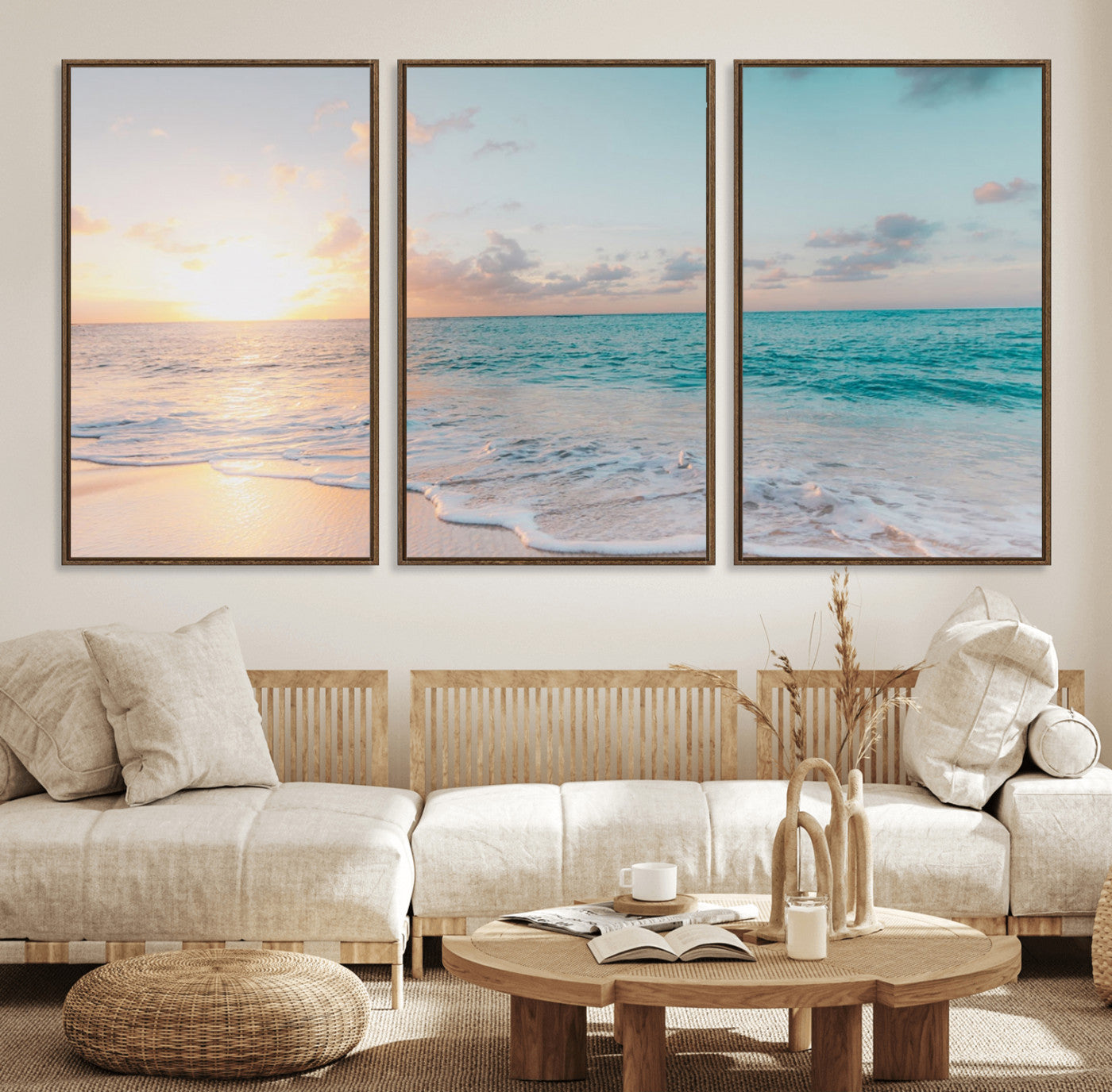 49620-MGV-FC-60X30-3P_Walnut-Tranquil Ocean Beach Sunset Canvas Wall Art | 3-Panel Coastal Decor
