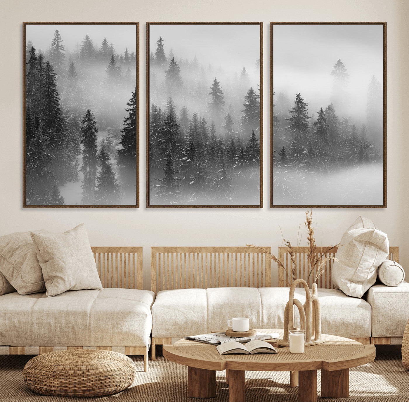 57235-MGV-FC-60X30-3P_Walnut-Foggy Misty Forest Canvas Wall Art – Black and White Landscape – Framed and Ready to Hang Modern