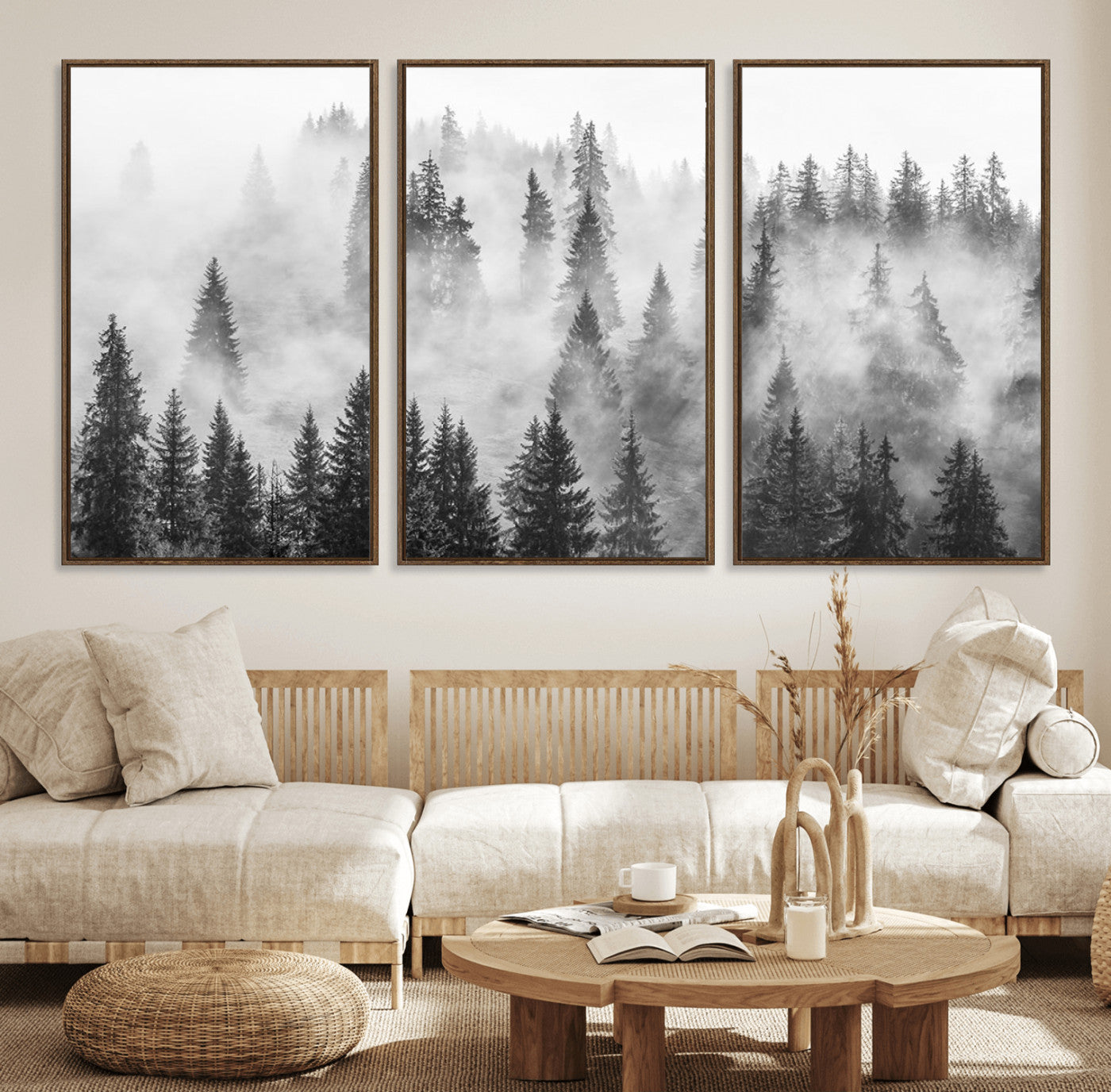 10422-MGV-FC-60X30-3P_Walnut-Forest Wall Art Print | Foggy Pine Forest Canvas Wall Art - Black and White Nature Decor for Living Room, Office