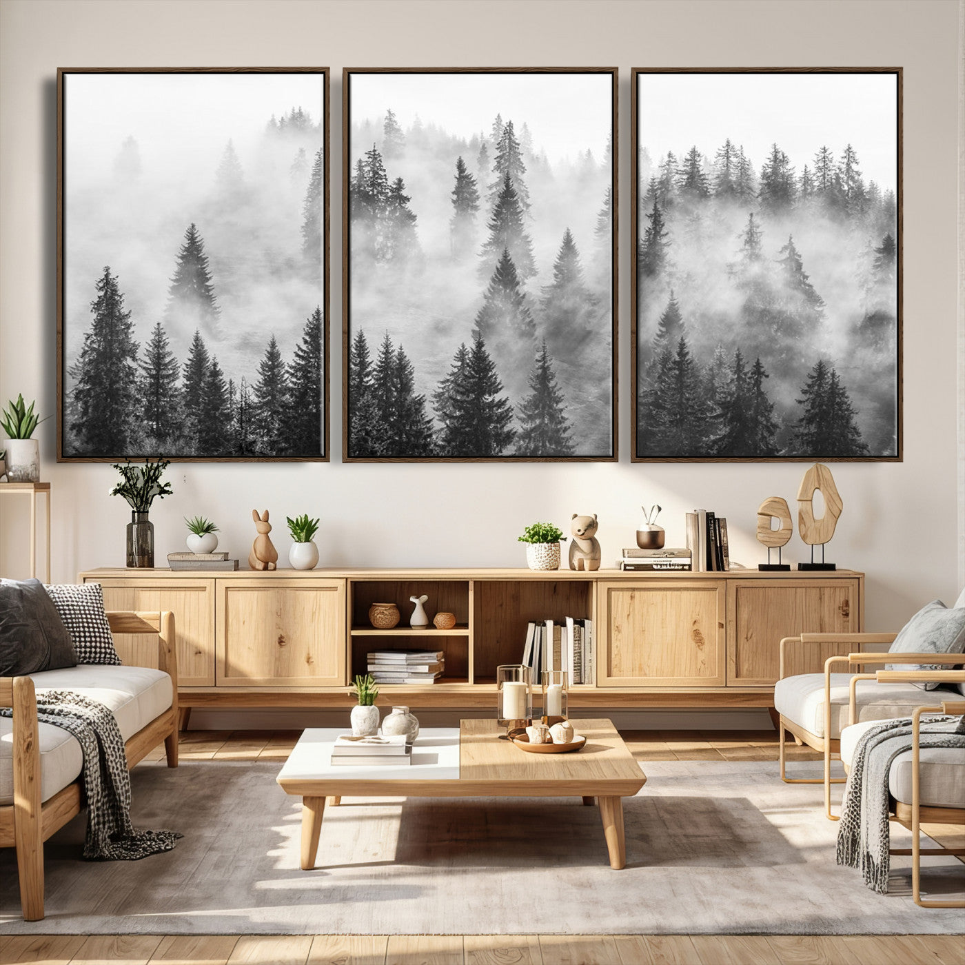 10422-MGV-CV-36X24 - Forest Wall Art Print | Foggy Pine Forest Canvas Wall Art - Black and White Nature Decor for Living