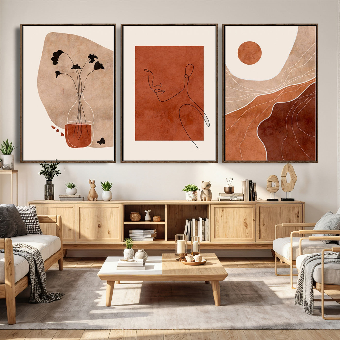 56768-MGV-CV-60X30-3P - Boho Sunset Mountain Canvas Print, Modern Boho Sunset Mountain Landscape Triptych – Giclée Canvas
