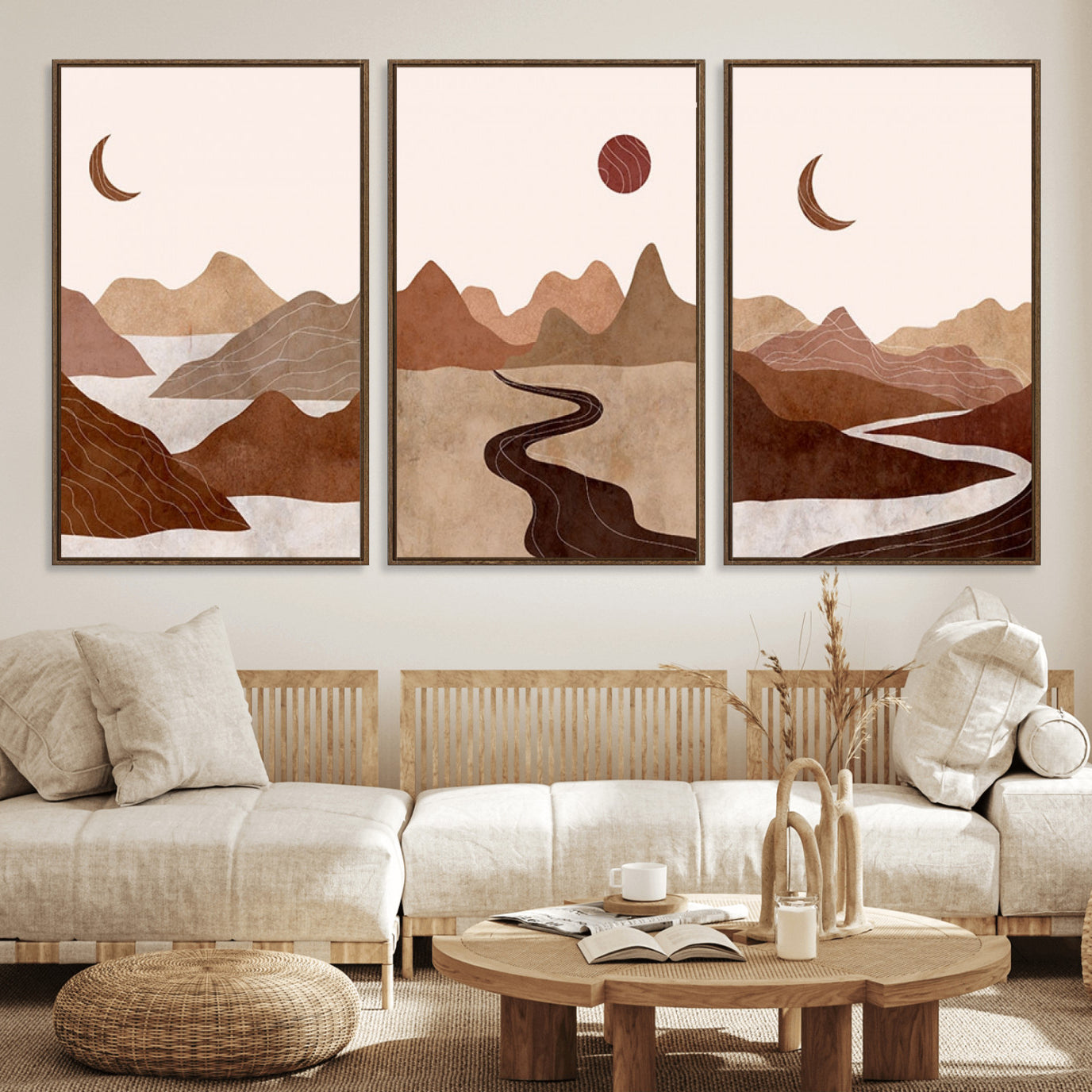 72107-MGV-FC-60X30-3P_Walnut-Boho Wall Art Canvas Print Set Mid-Century Prints Bohemian Wall Artwork Prints Boho Neutral