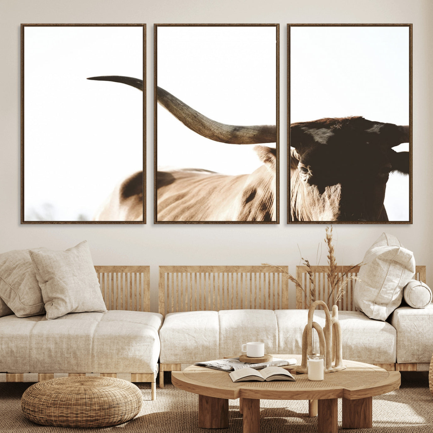 35866-MGV-FC-60X30-3P_Walnut-Texas Longhorn Wall Art Canvas Print | 3-Panel Large Longhorn Canvas Print for Living Room, Framed