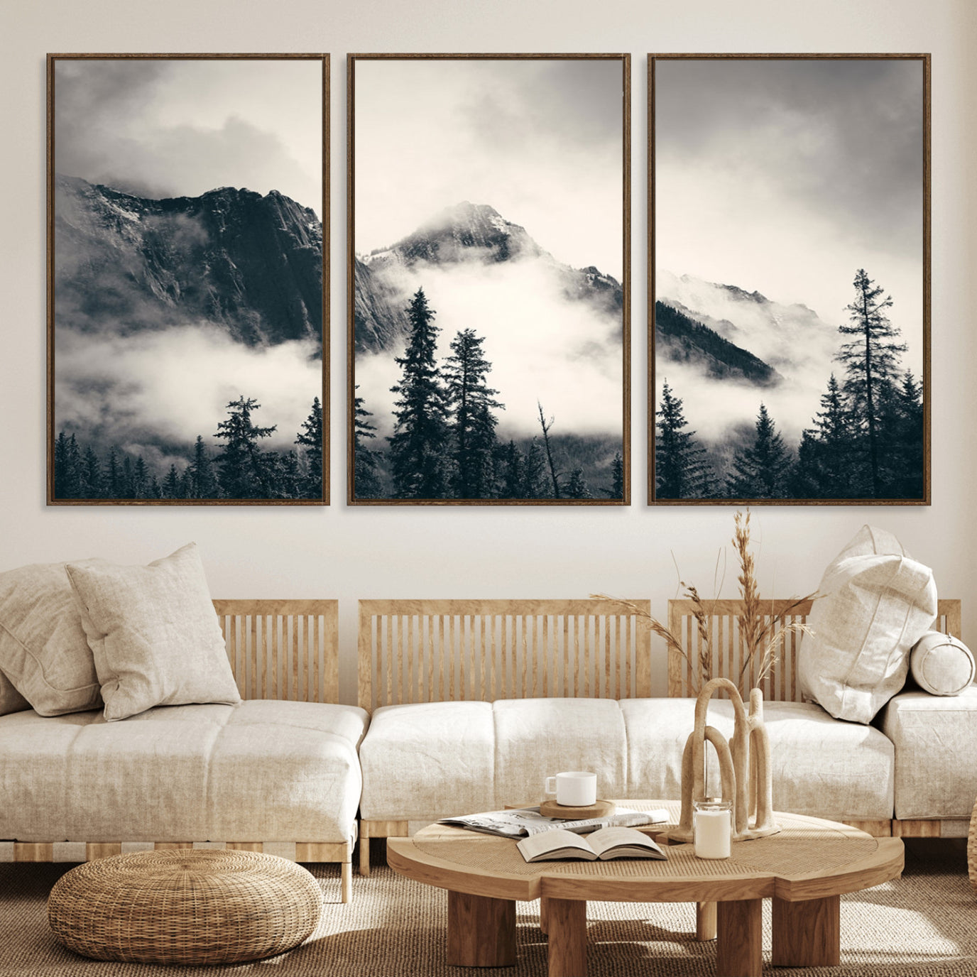 59517-MGV-FC-60X30-3P_Walnut-Forest Mountain Print - Black and White Canvas Wall Art with Misty Forest Design for Elegant and