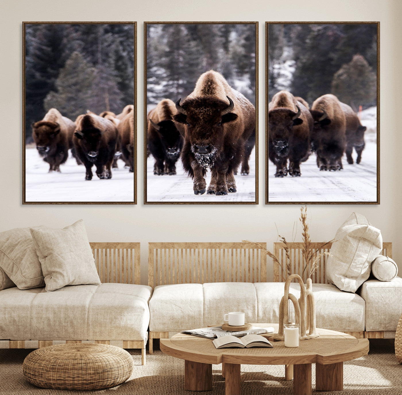 66871-MGV-FC-60X30-3P_Walnut-Bison Wall Art Canvas Print- Bison Herd Canvas Wall Art – Majestic Wildlife Photography – Framed and