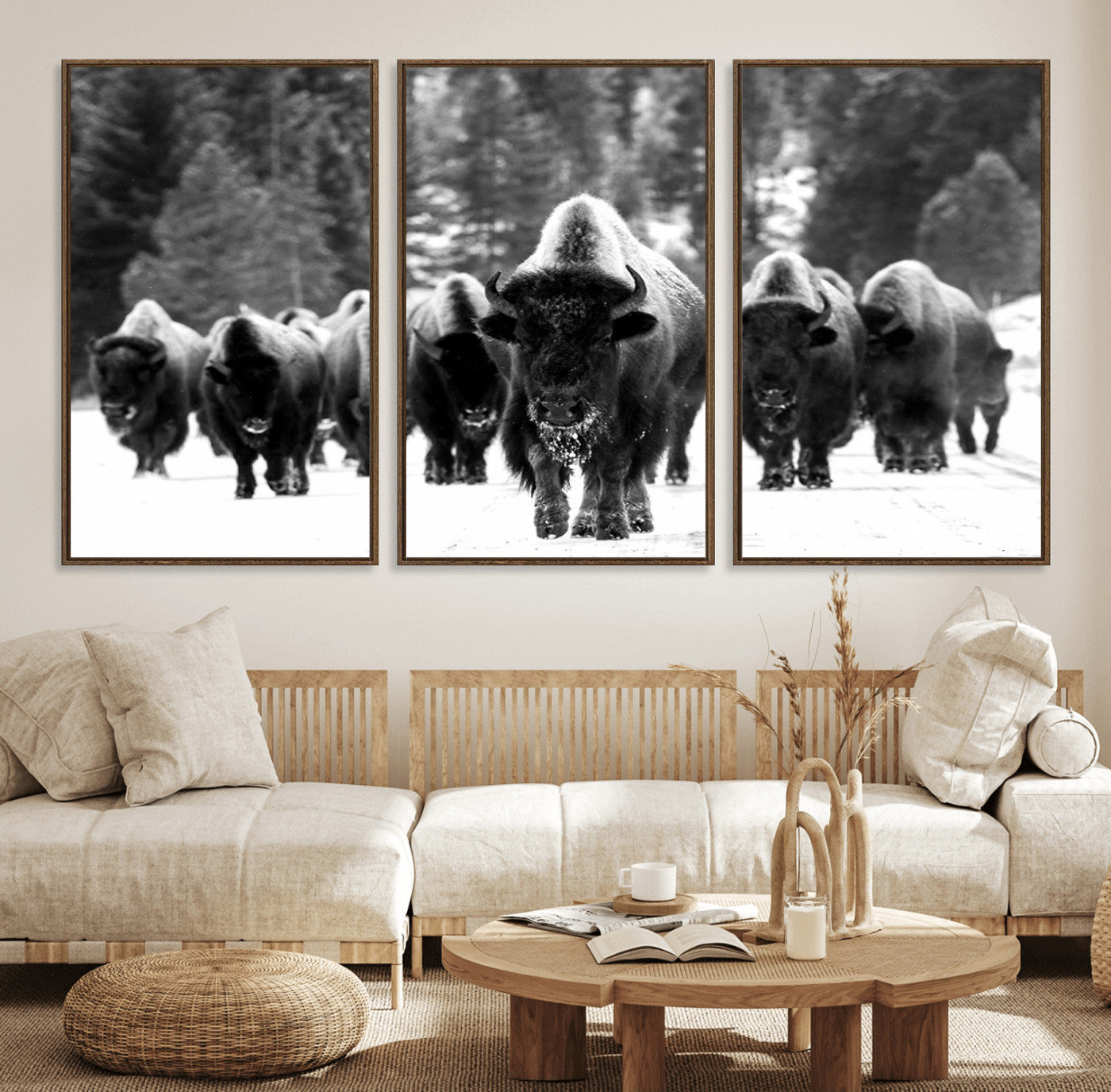 62434-MGV-FC-60X30-3P_Walnut-Bison Herd in Snow Wall Art Canvas Print | Rustic Western Bison Wall Art for Decor for Living Room,