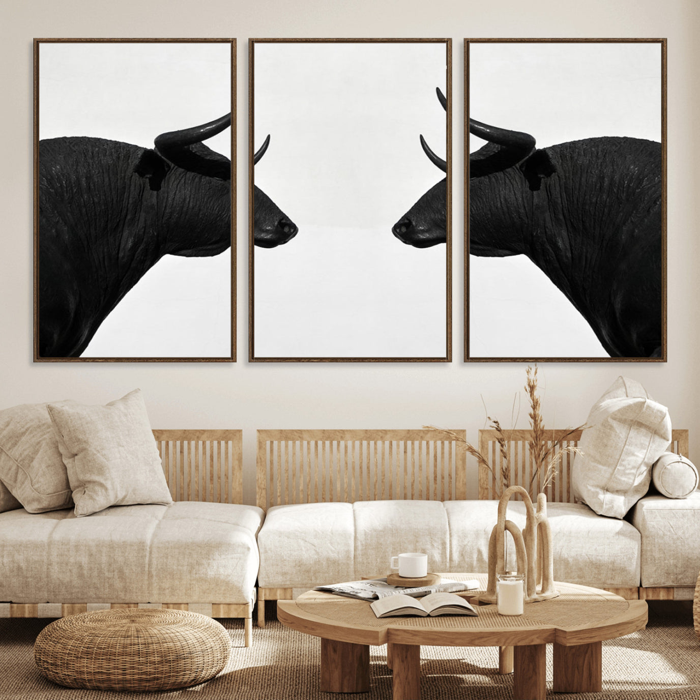 16038-MGV-FC-60X30-3P_Walnut-Spanish Bull Art - Framed Black and White Bull Canvas Print for Modern Rustic Home or Office Decor