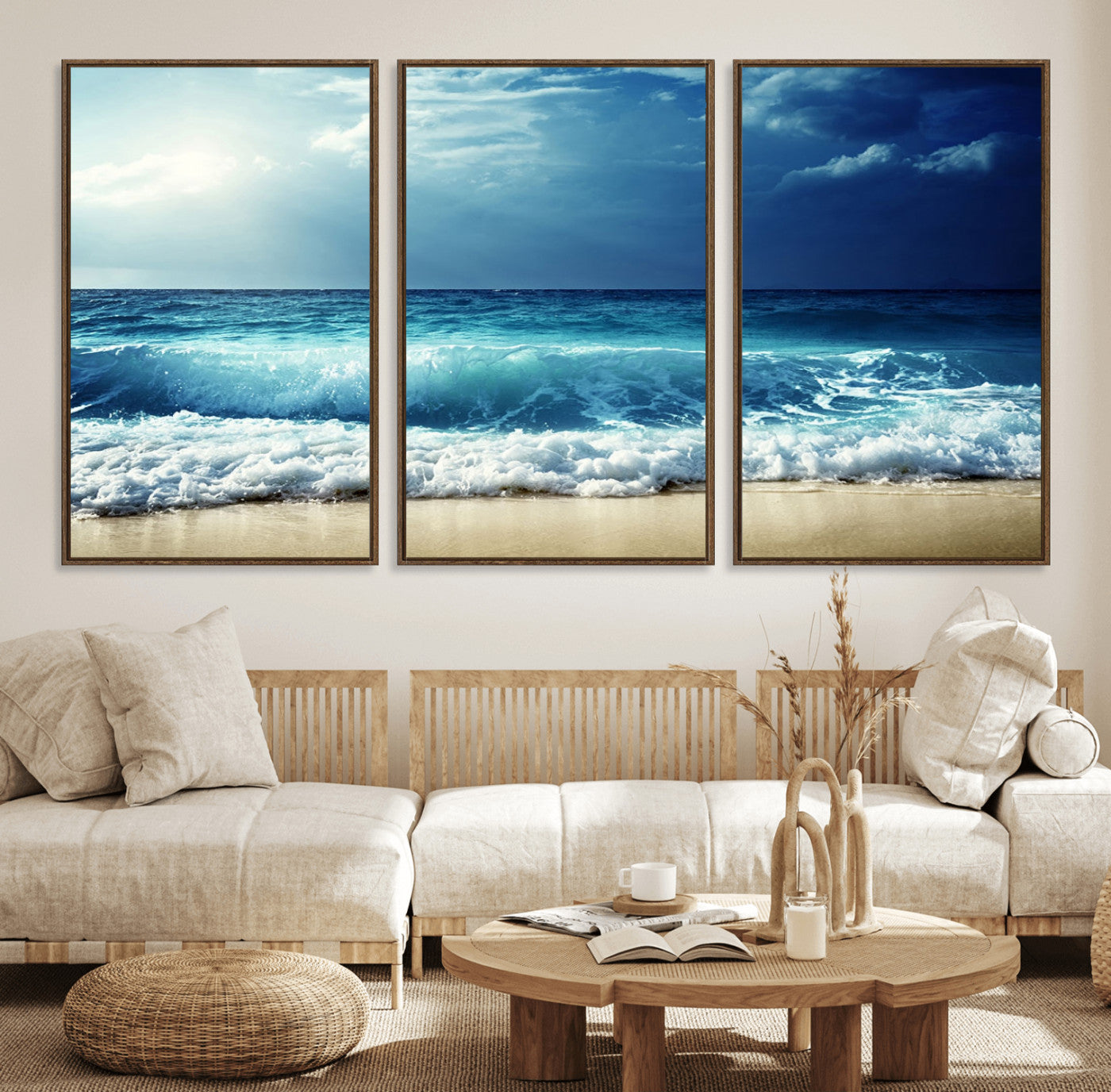 84116-MGV-FC-60X30-3P_Walnut-Majestic Ocean Wave Wall Art Canvas | 3 Panel Large Seascape Print for Living Room, Bedroom, Office