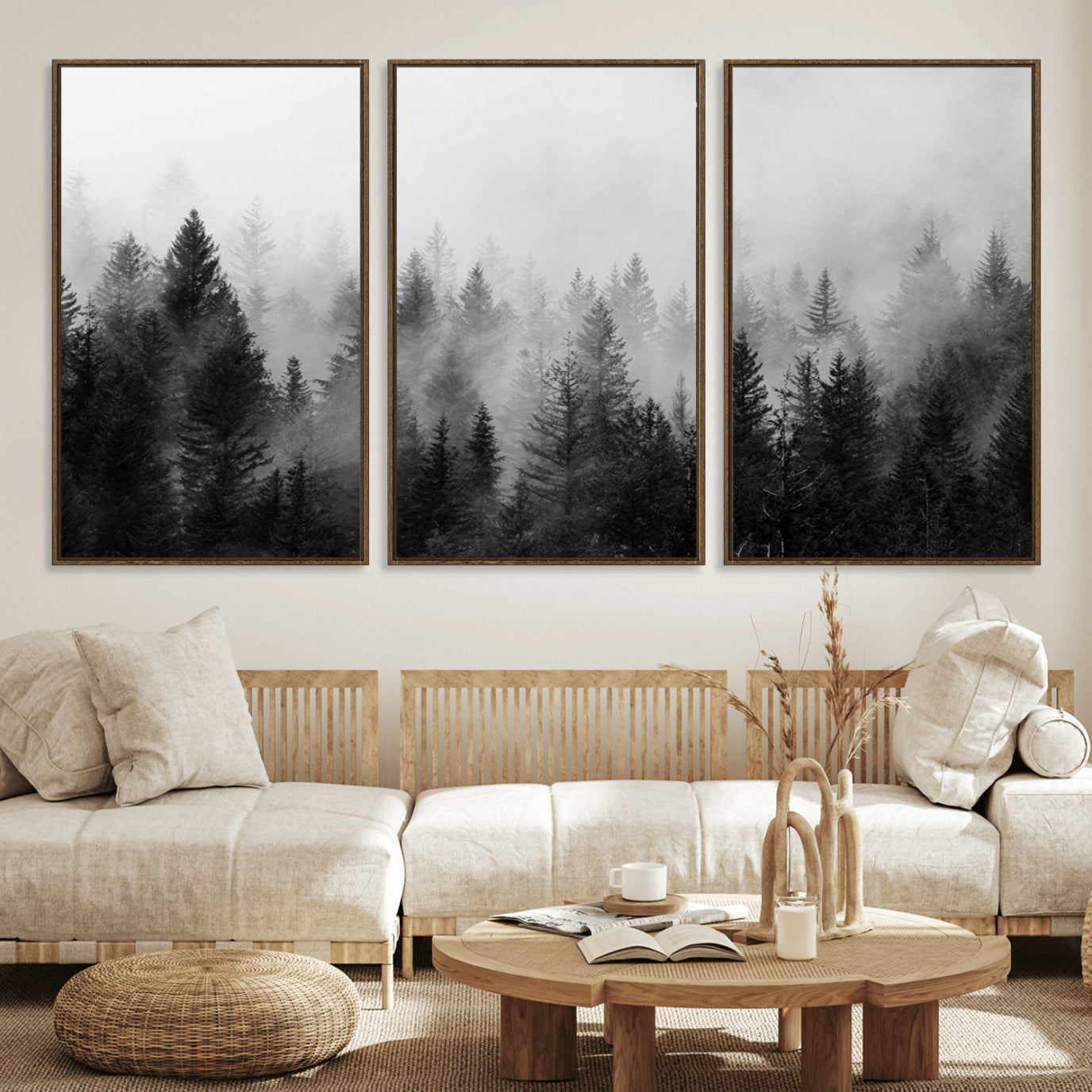 40700-MGV-FC-60X30-3P_Walnut-Fogy Forest Canvas Wall Art Print - Mountain Wall Art with Pine Trees and Misty Forest Canvas Print