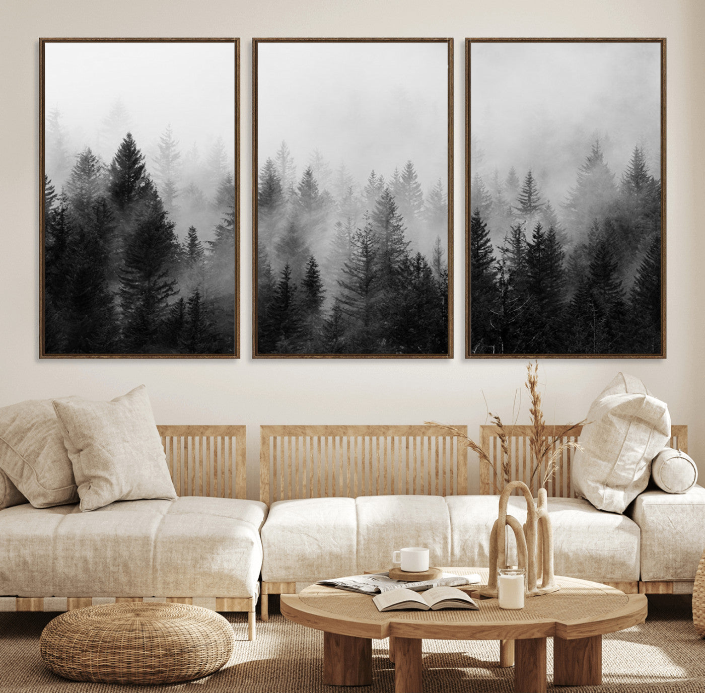 40700-MGV-FC-60X30-3P_Walnut-Foggy Black and White Forest Canvas Wall Art, 3 Panel Misty Pine Trees Canvas Print for Living Room,