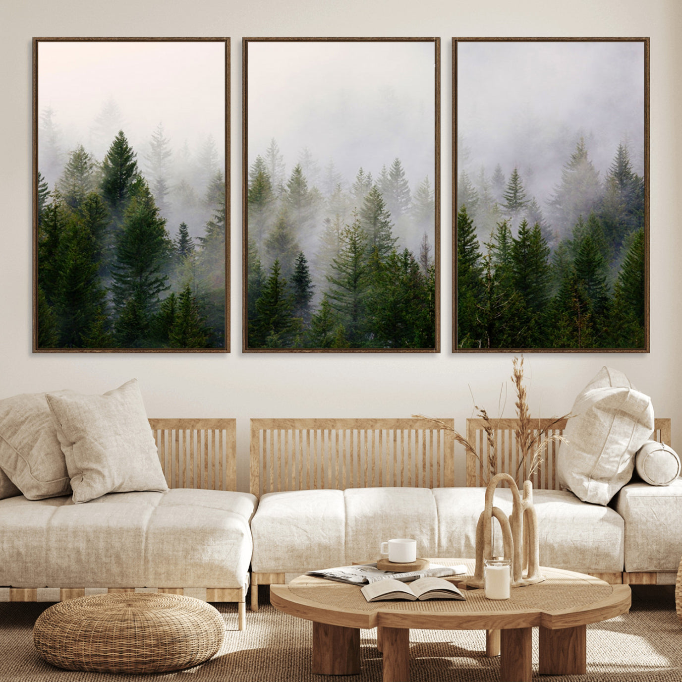11436-MGV-FC-60X30-3P_Walnut-Forest Wall Art Canvas Print | Foggy Forest Wall Art | Pine Wood Forest Print