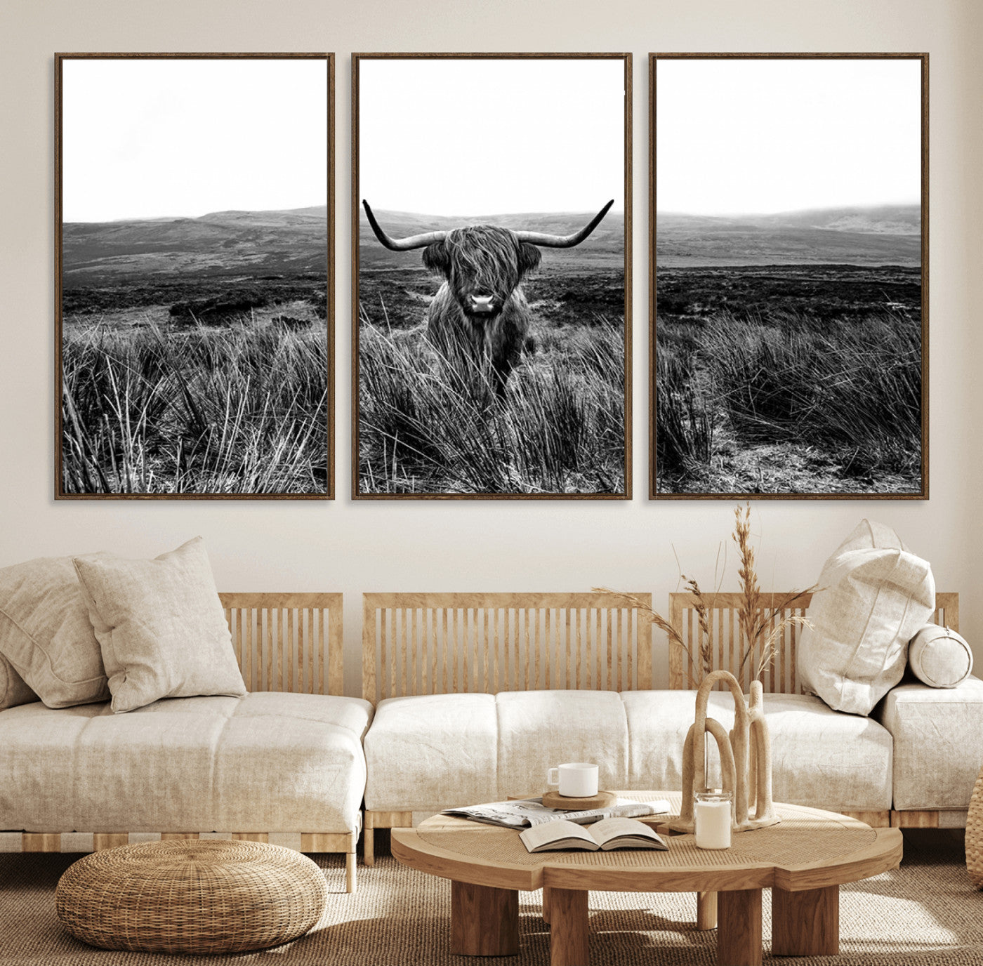 -MGV-FC-60X30-3P_Walnut-Black and White Highland Cow Canvas Wall Art, Longhorn Triptych Western Wall Decor for Cabin -