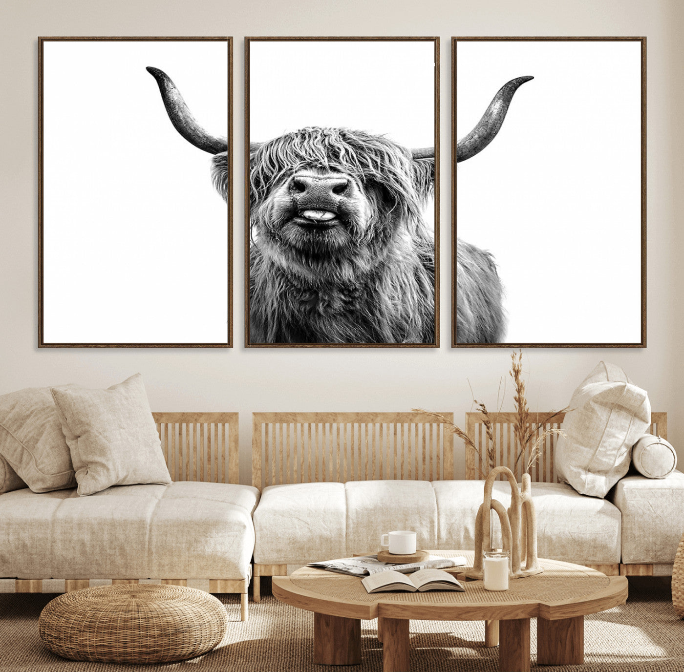 63859-MGV-FC-60X30-3P_Walnut-Fanny Scottish Highland Cow Cattle Art Print Farmhouse Wall Art Canvas Print