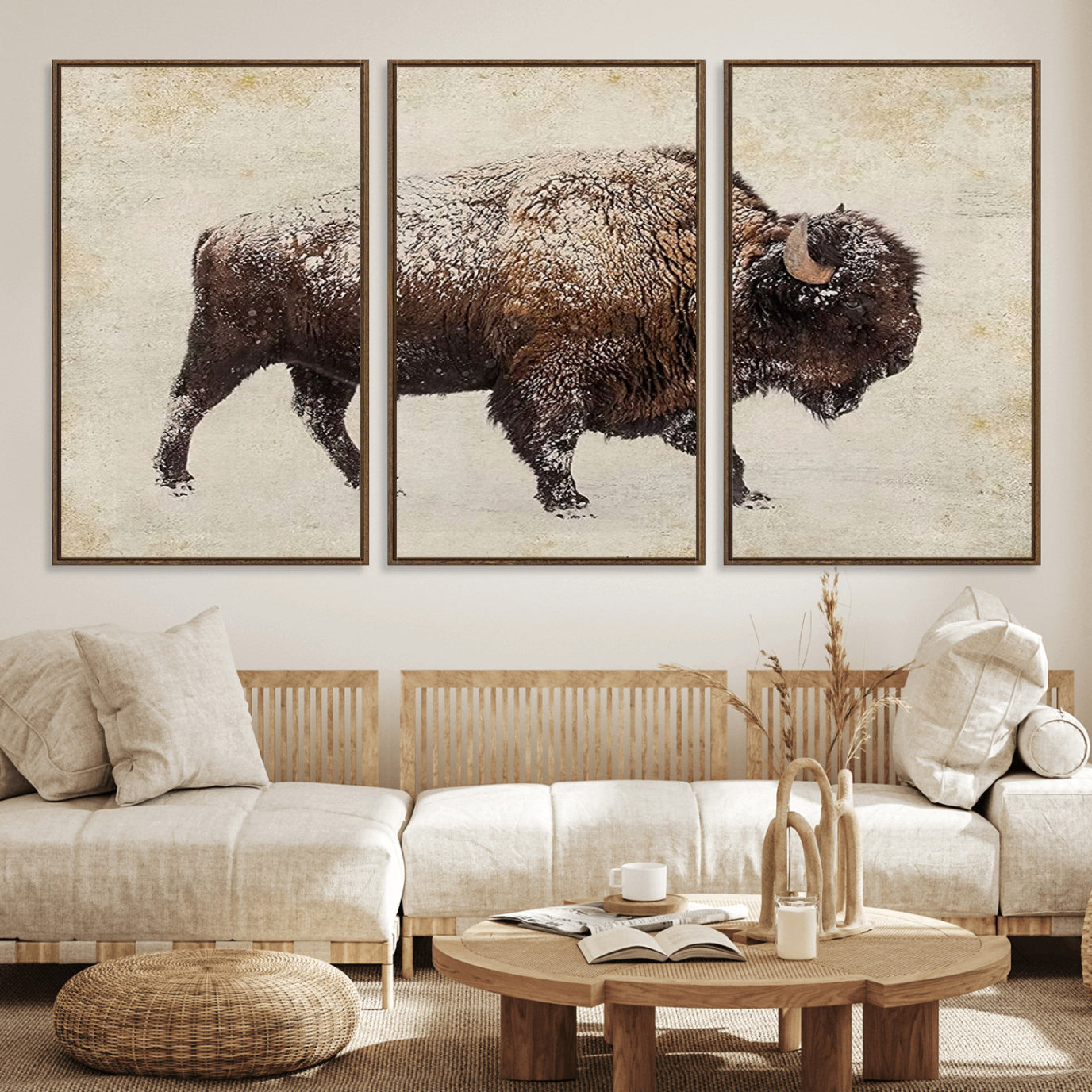 72107-MGV-FC-60X30-3P_Walnut-Buffalo Wall Art, Western Bison Canvas Print, Rustic Buffalo Art for Cowboy Western Decor, Large