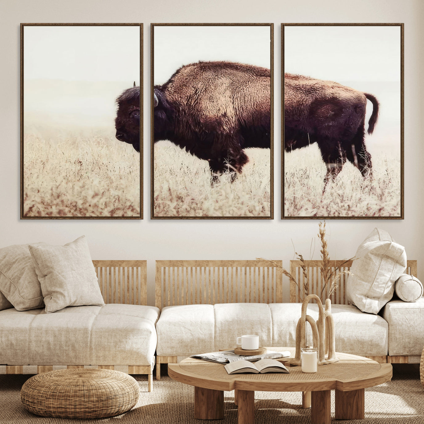48406-MGV-FC-60X30-3P_Walnut-Bison in Field Wall Art Canvas Print For Farmhouse Barn Decor
