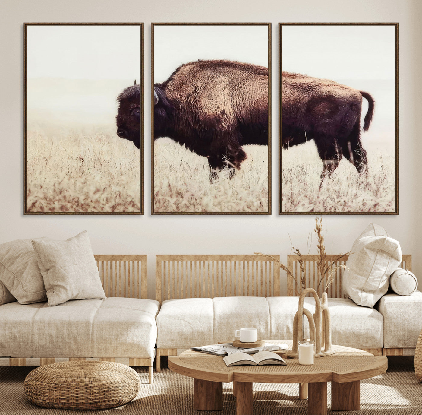 48406-MGV-FC-60X30-3P_Walnut-Bison in Field Wall Art Canvas Print For Farmhouse Barn Decor