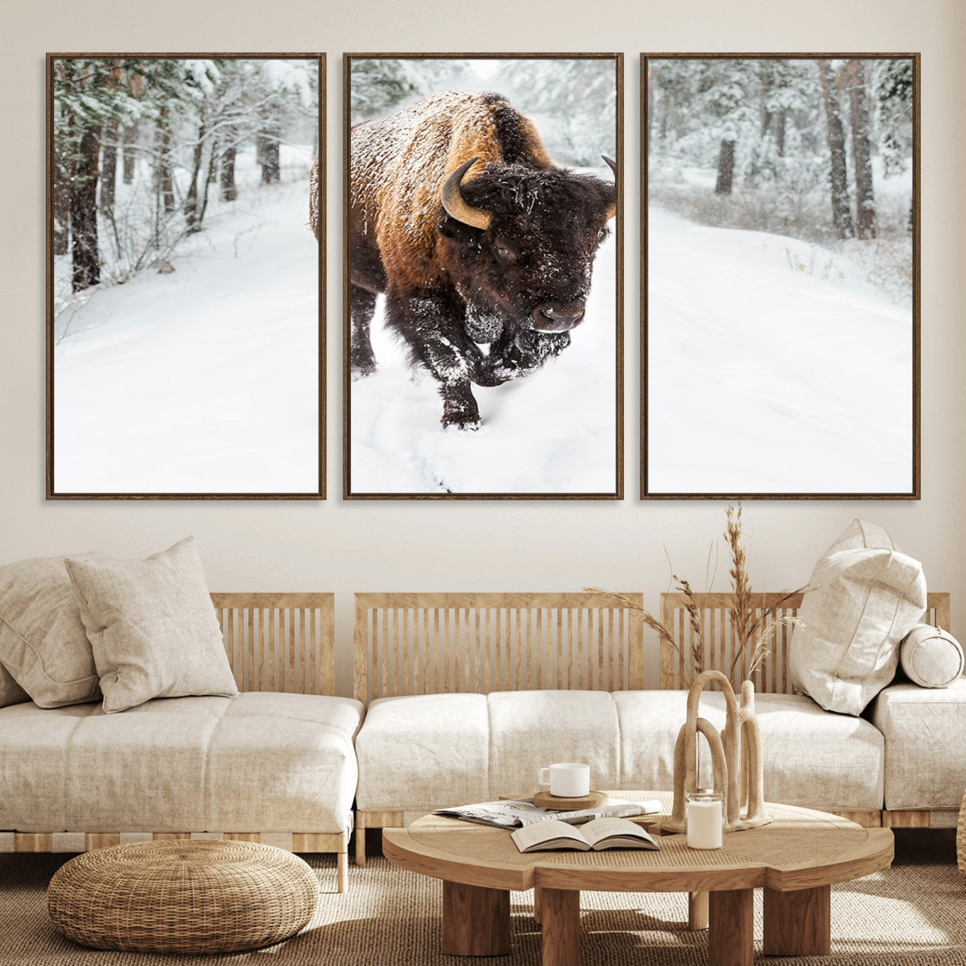 10109-MGV-FC-60X30-3P_Walnut-Bison Wall Art Canvas Print For Farmhouse, Animal Canvas Print, Wild Animal Wall Art