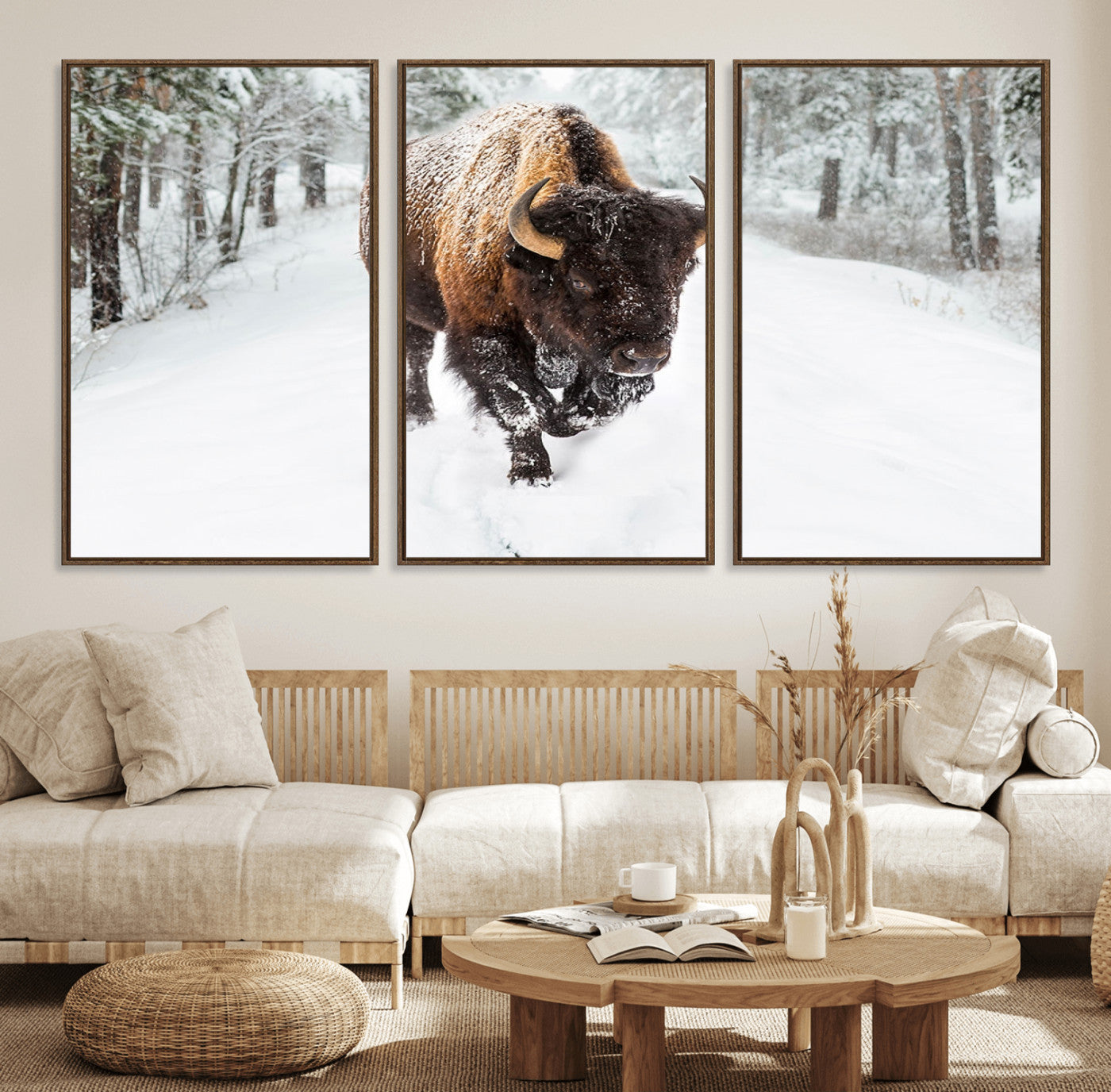 10109-MGV-FC-60X30-3P_Walnut-Bison Wall Art Canvas Print For Farmhouse, Animal Canvas Print, Wild Animal Wall Art
