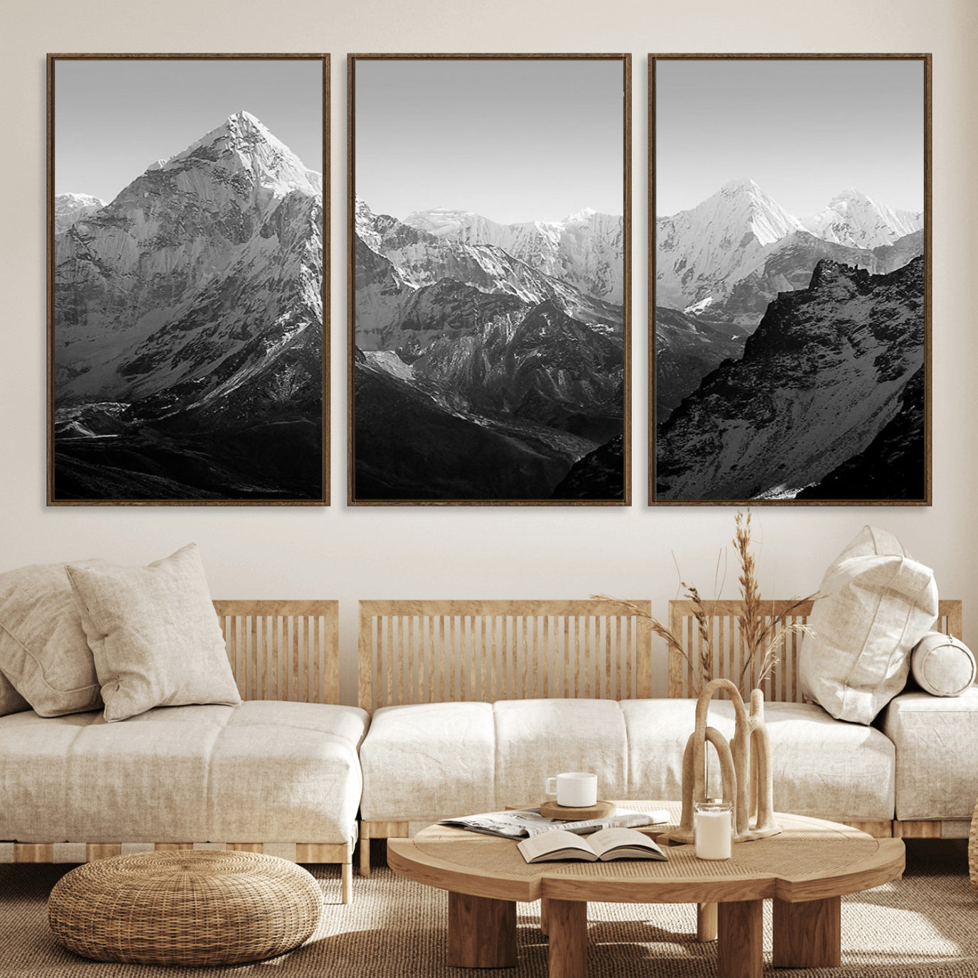 10775-MGV-CV-36X24-Everest Himalaya Mountain Peaks Black & White Triptych Canvas Art – Mountain Wall Decor, Everest