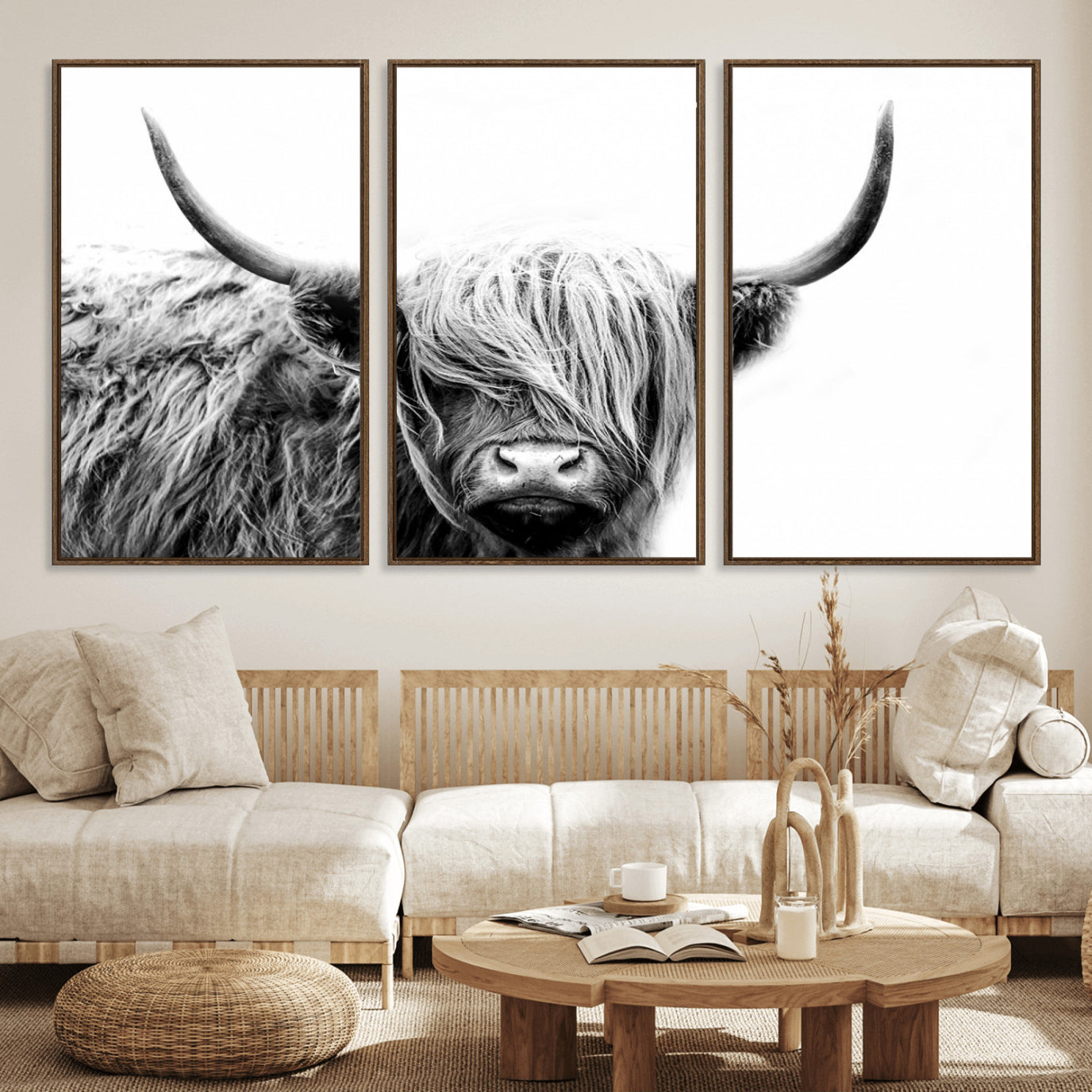 51957-MGV-FC-60X30-3P_Walnut-Black White Scottish Highland Cow Cattle Art Print Farmhouse Wall Art Canvas Print