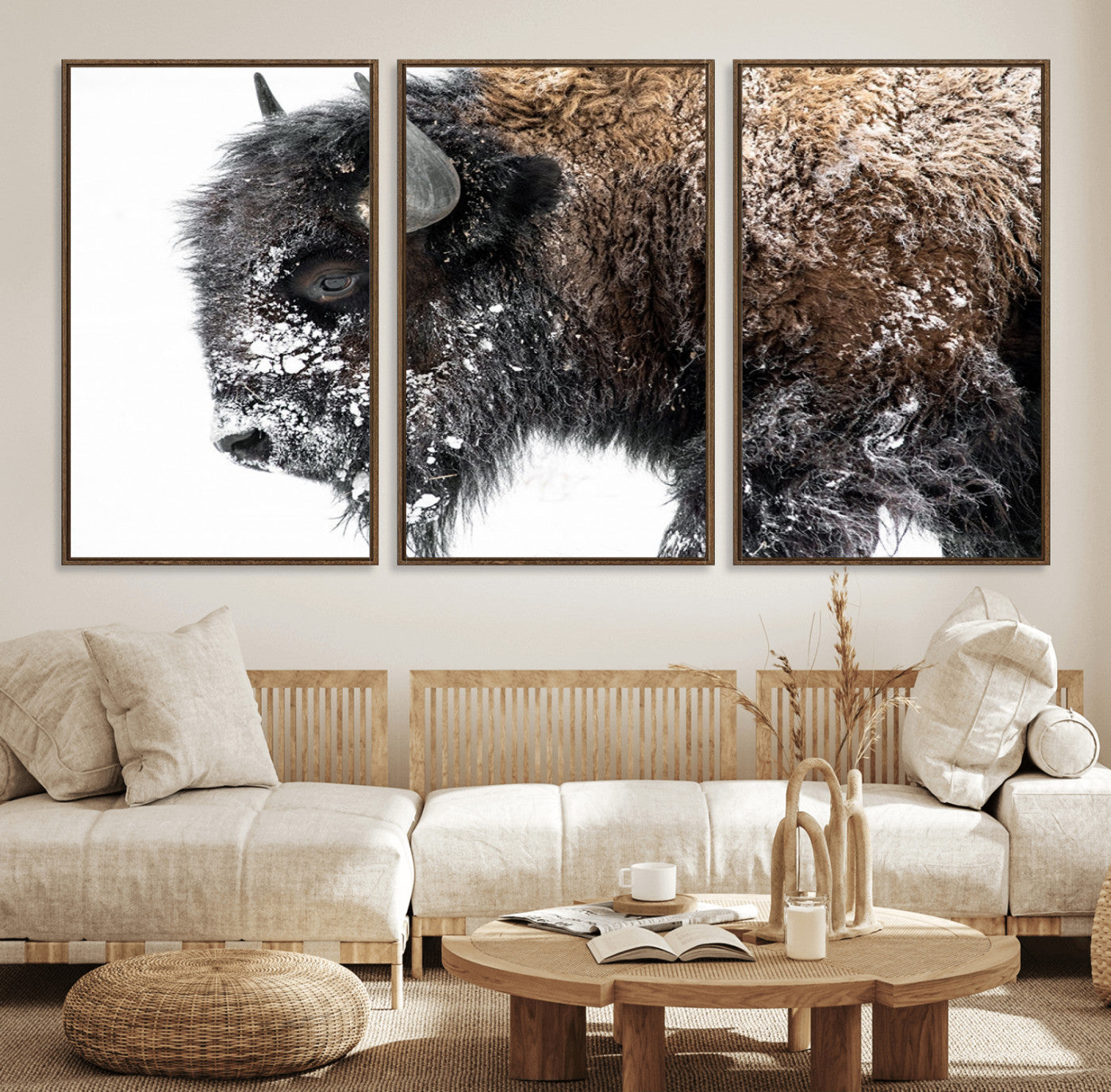 24304-MGV-FC-60X30-3P_Walnut-American Bison Wall Art Print – Majestic Buffalo Canvas Print, Framed Wildlife Wall Decor for Living Room or Office