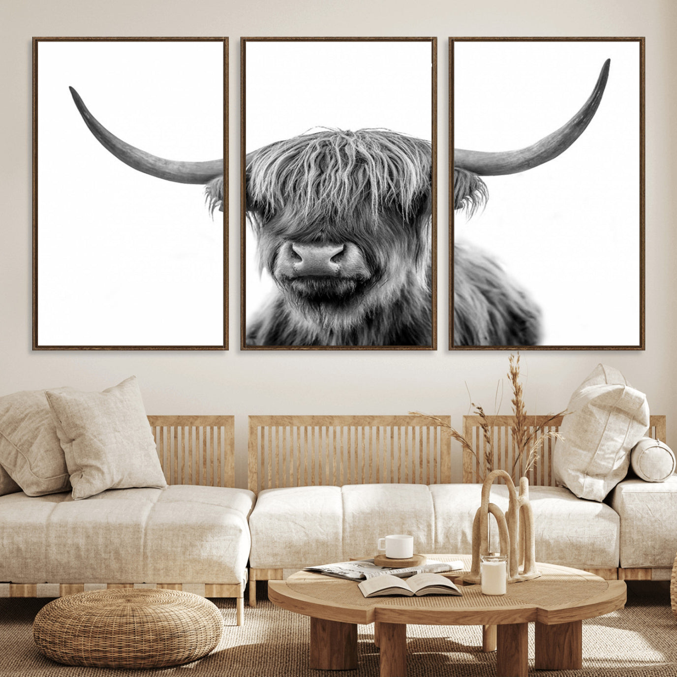 58935-MGV-FC-60X30-3P_Walnut-Grayscale Scottish Highland Cow Cattle Art Print Farmhouse Wall Art Canvas Print