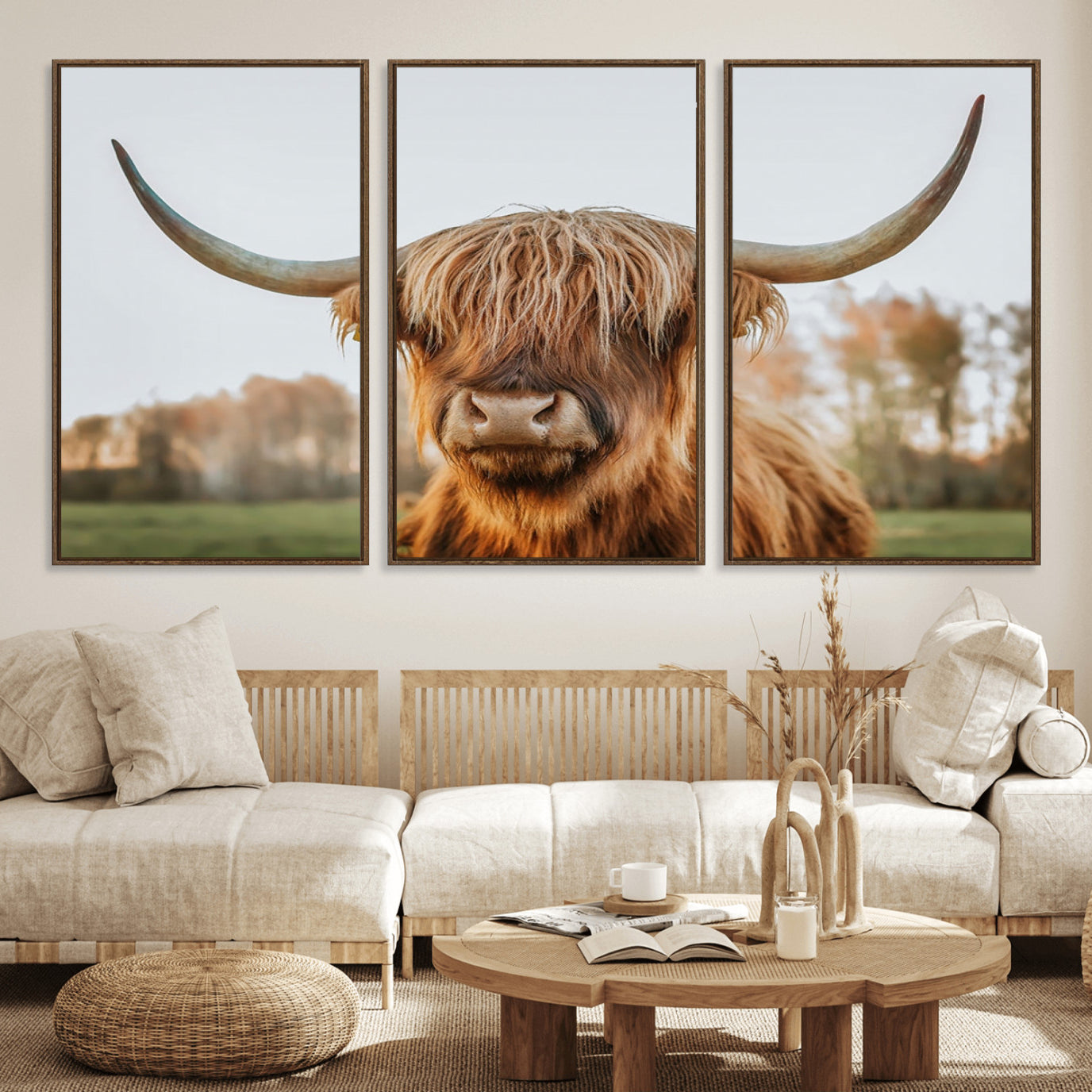 41121-MGV-FC-60X30-3P_Walnut-Highland Cow Animal Scottish Cattle Art Print Farmhouse Wall Art Canvas Print
