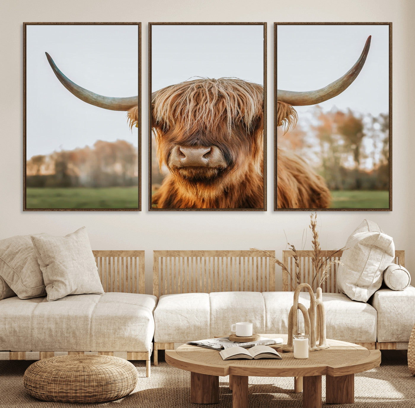 41121-MGV-FC-60X30-3P_Walnut-Highland Cow Animal Scottish Cattle Art Print Farmhouse Wall Art Canvas Print