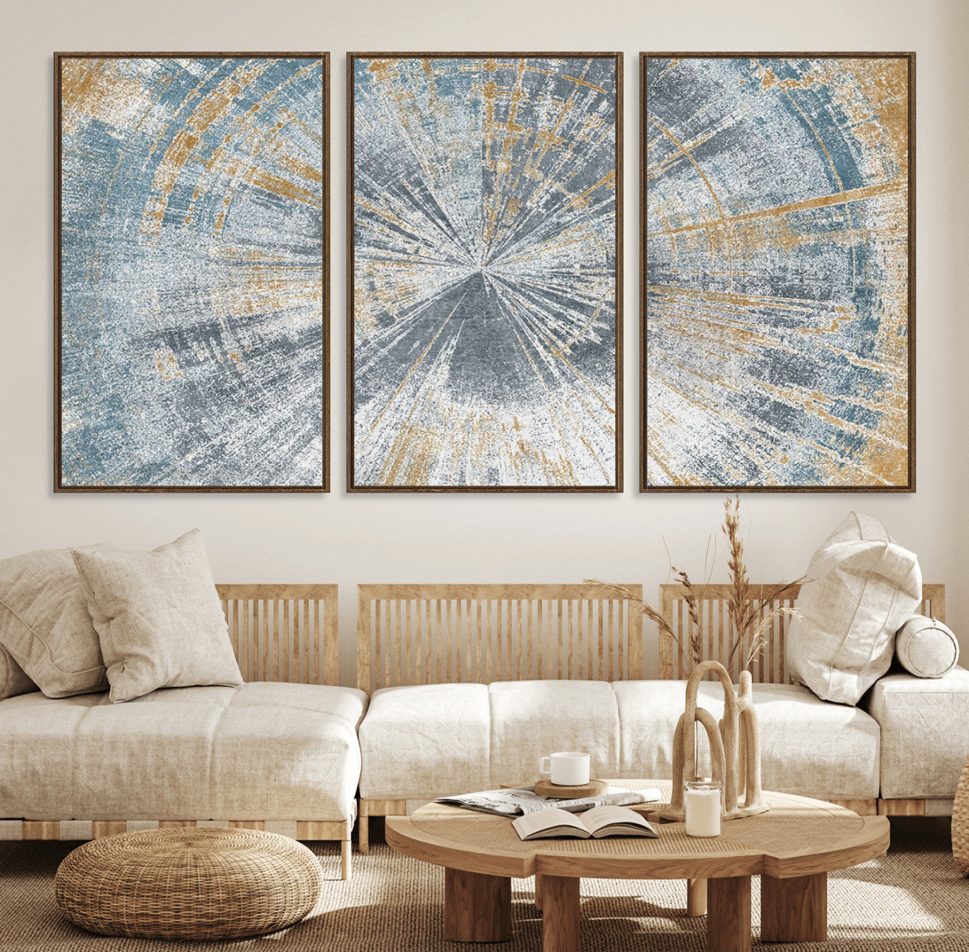 17631-MGV-FC-60X30-3P_Walnut-Radiant Abstract Wood Rings Canvas Art – Modern Triptych Wall Decor for Living Room or Farmhouse