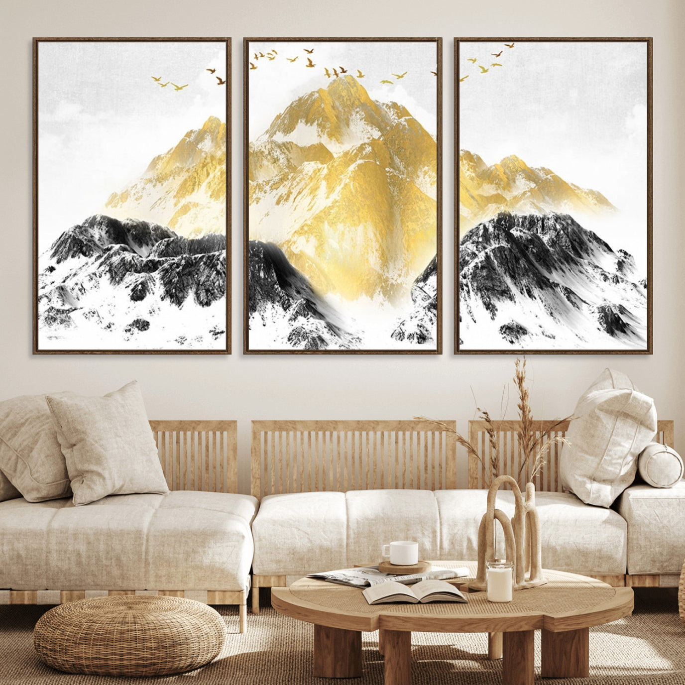 37733-MGV-FC-60X30-3P_Walnut-Golden Mountain Triptych Wall Art Canvas Print, Modern Giclee Canvas Print, Nature Landscape Decor