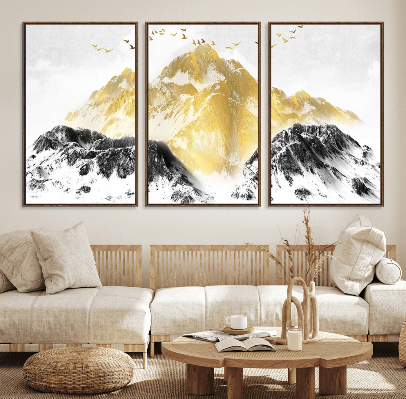 37733-MGV-FC-60X30-3P_Walnut-Golden Mountain Triptych Wall Art Canvas Print, Modern Giclee Canvas Print, Nature Landscape Decor
