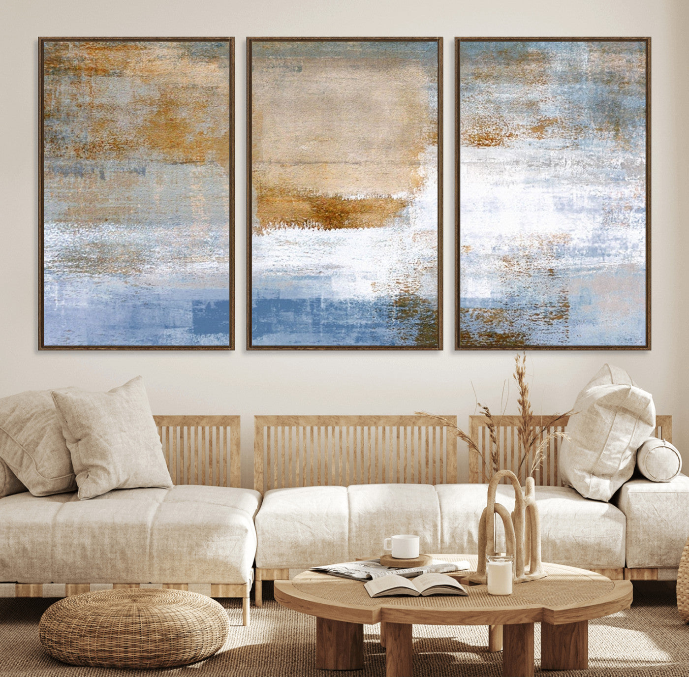 72354-MGV-FC-60X30-3P_Walnut-Blue Multi Panel Abstract Wall Art Canvas, Abstract Blue and Gold Canvas Print