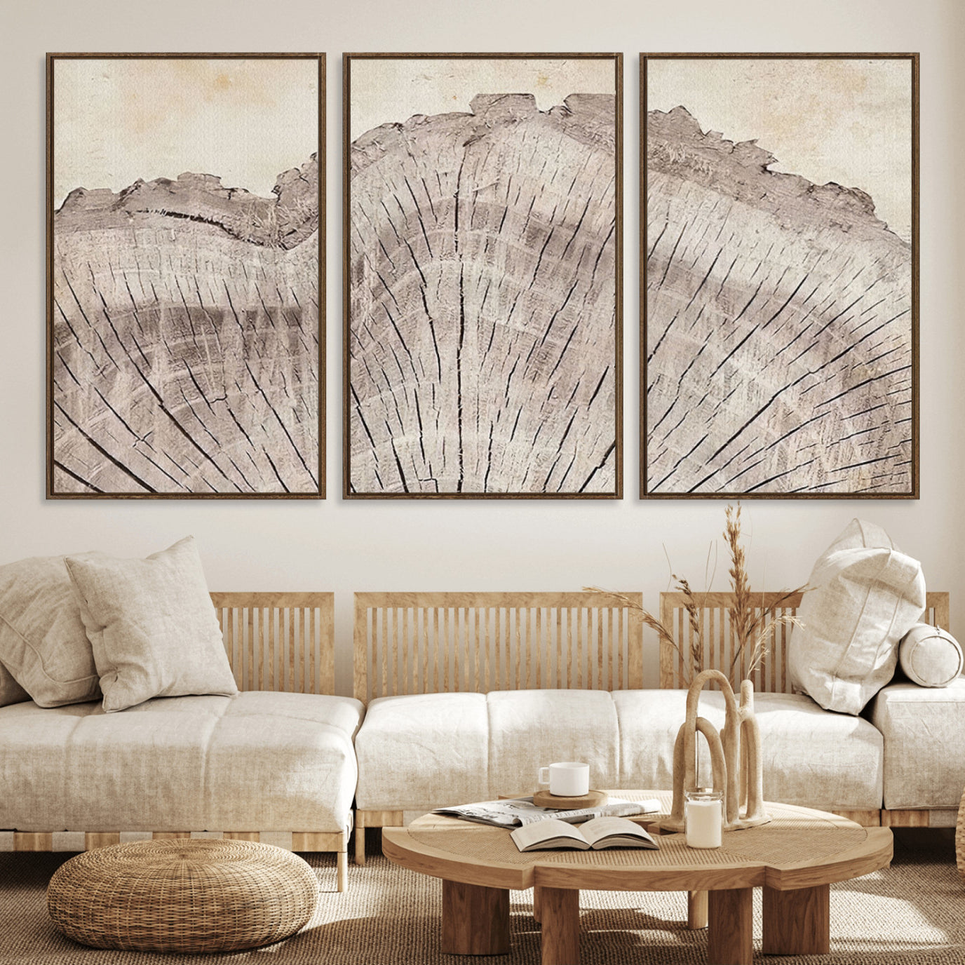 67528-MGV-FC-60X30-3P_Walnut-Tree Ring Wall Art Triptych, Rustic Wood Ring Canvas Print, Minimalist Wall Decor for Modern Homes