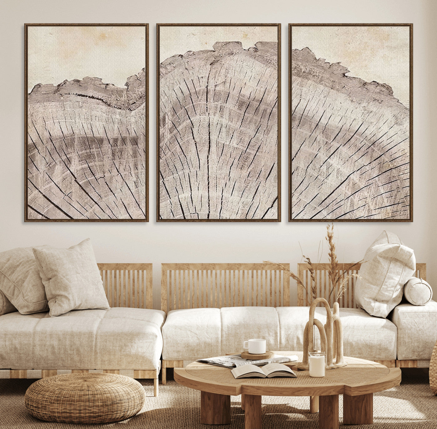 67528-MGV-FC-60X30-3P_Walnut-Tree Ring Wall Art Triptych, Rustic Wood Ring Canvas Print, Minimalist Wall Decor for Modern Homes