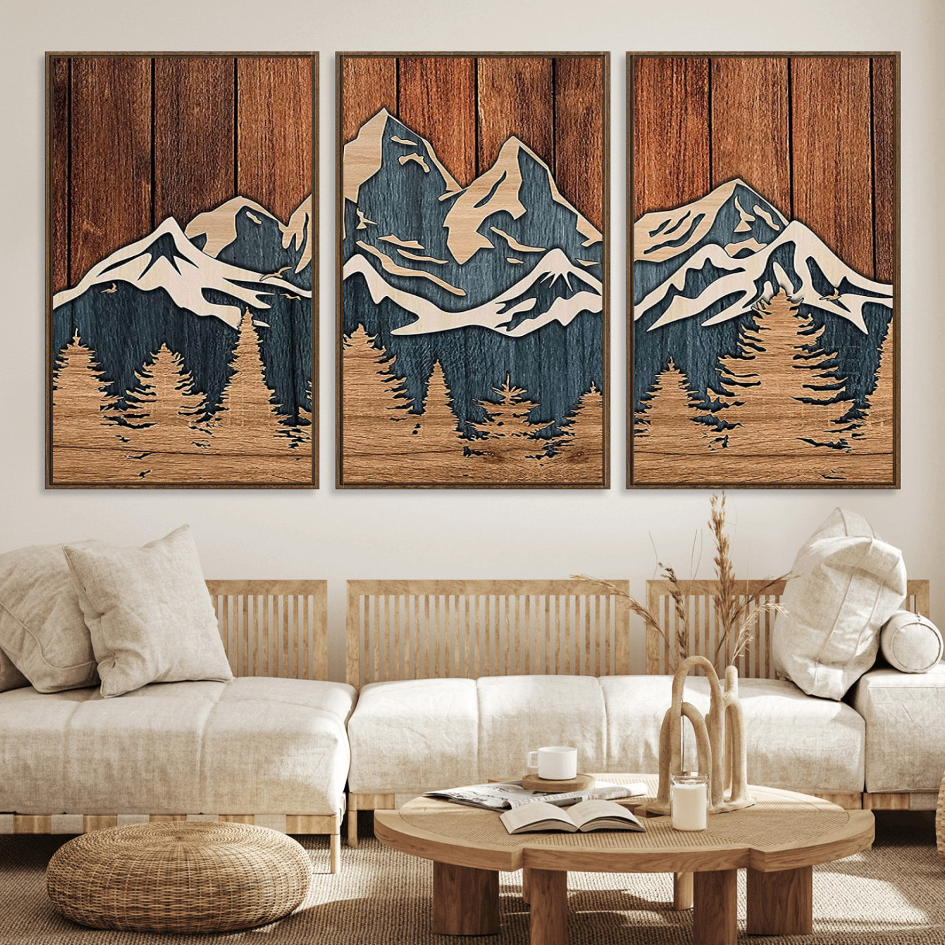 41330-MGV-FC-60X30-3P_Walnut-Rustic Wood Style Mountain Wall Art, Nature Forest Canvas Print, Wooden Textured Mountain Artwork,