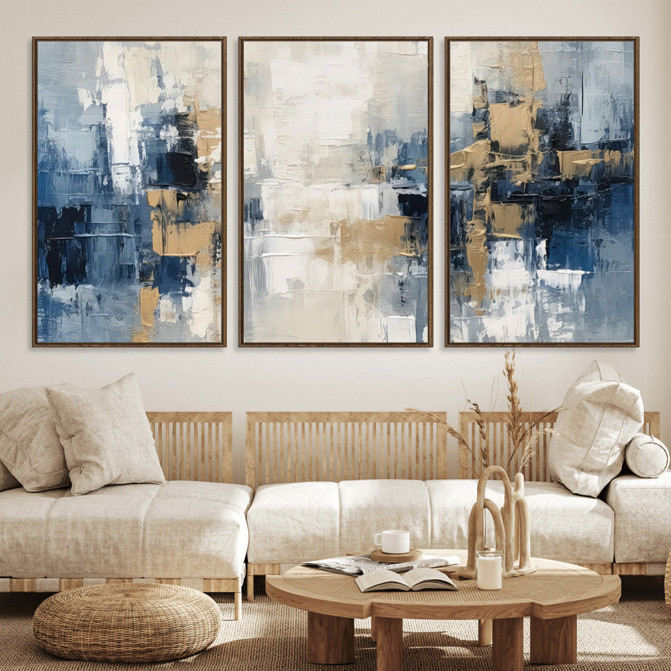 44344-MGV-FC-60X30-3P_Walnut-Modern Abstract Canvas Wall Art in Blue and Gold Tones | Large Contemporary Art for Living Room,