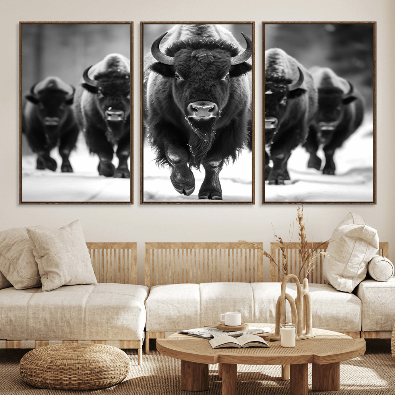 79872-MGV-FC-60X30-3P_Walnut-American Bison Art | Buffalo Herd Wall Art Canvas Print, BW American Bison Herd Wall Art Canvas