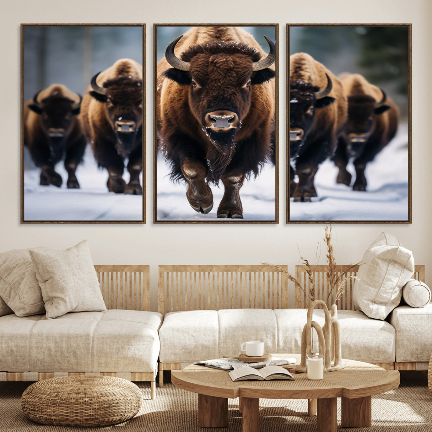 89854-MGV-FC-60X30-3P_Walnut-Buffalo Wall Art Canvas Print, American Bison Herd Wall Art Canvas Print - Bison Canvas Print