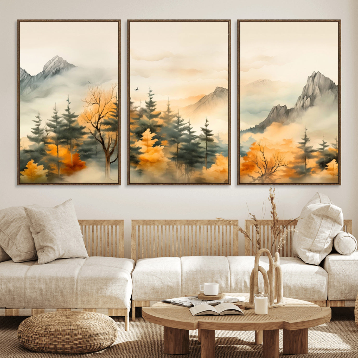 79192-MGV-FC-60X30-3P_Walnut-Abstract Watercolor Mountains and Trees Autumn Art, Watercolor Mountains and Trees Canvas Print